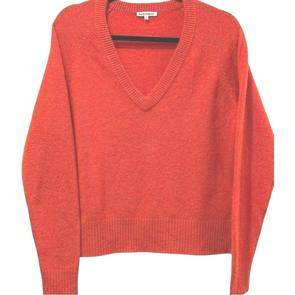 Reformation‎ Cashmere Relaxed Dark Orange V-Neck Boxy Pullover Sweater Size XS